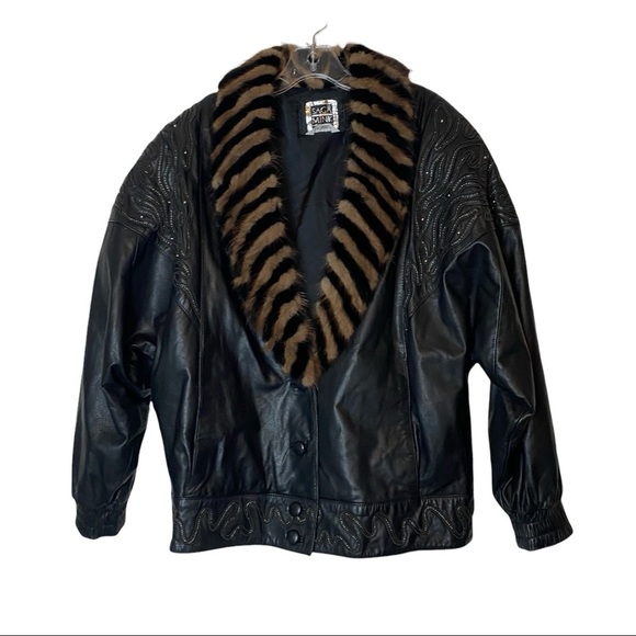 SAGA Mink Sz L Mink Collar Leather Studded Black Jacket - Picture 1 of 8